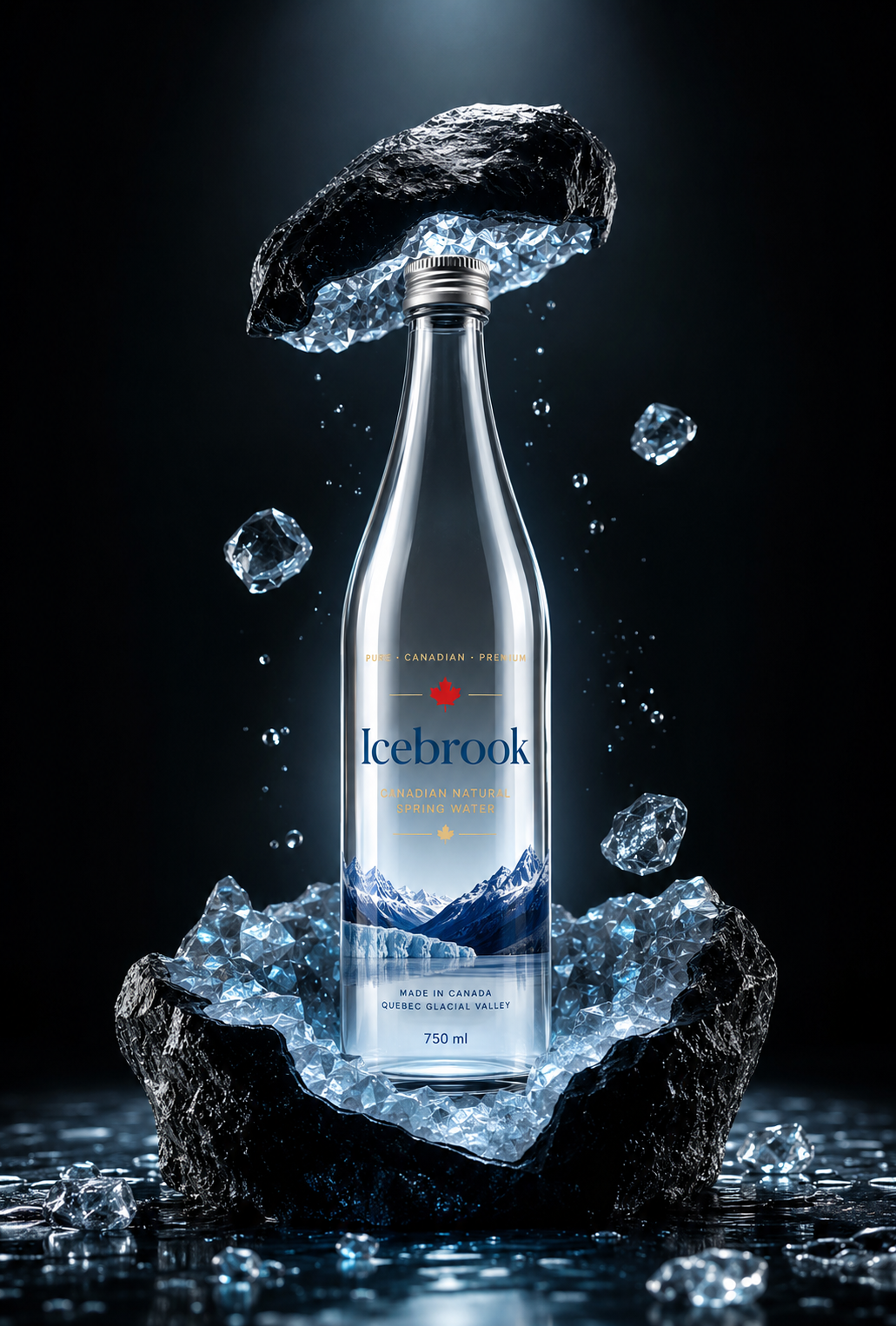 A hand holding a cobalt Icebrook bottle against a mountain backdrop