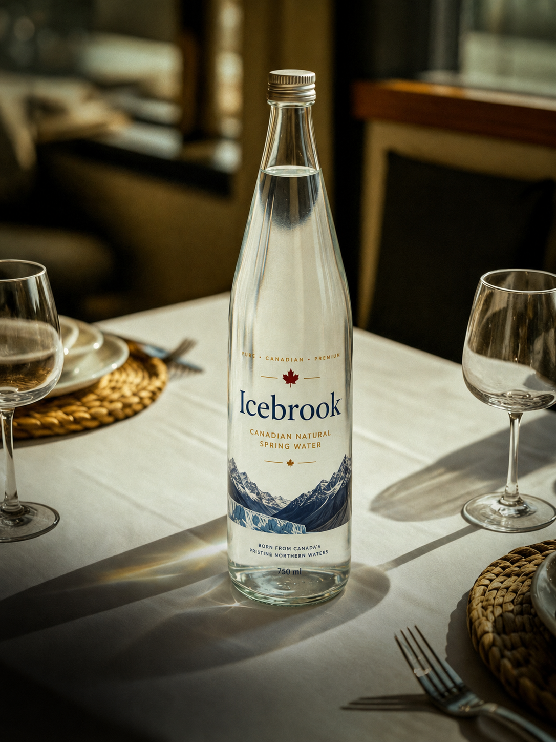 An elegantly set fine-dining table with an Icebrook cobalt bottle